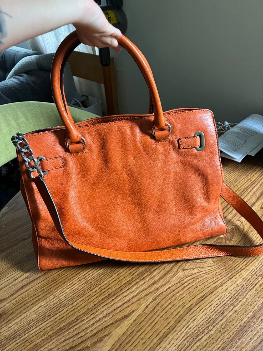 Michael Kors Orange Leather Satchel with Chain-Detail Strap